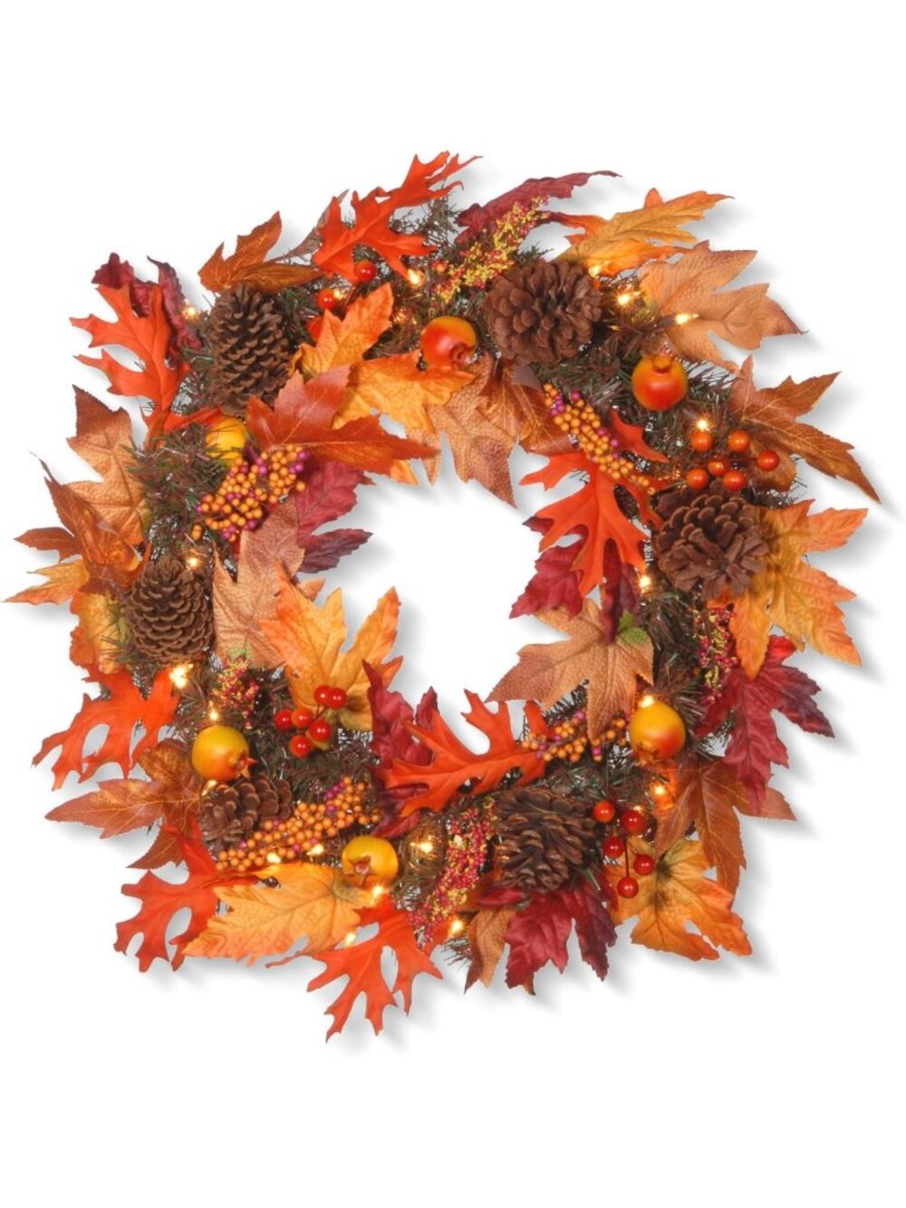 24-Inch Pre-Lit Autumn Wreath with Gourds, Pinecones, Maple Leaves & Lights